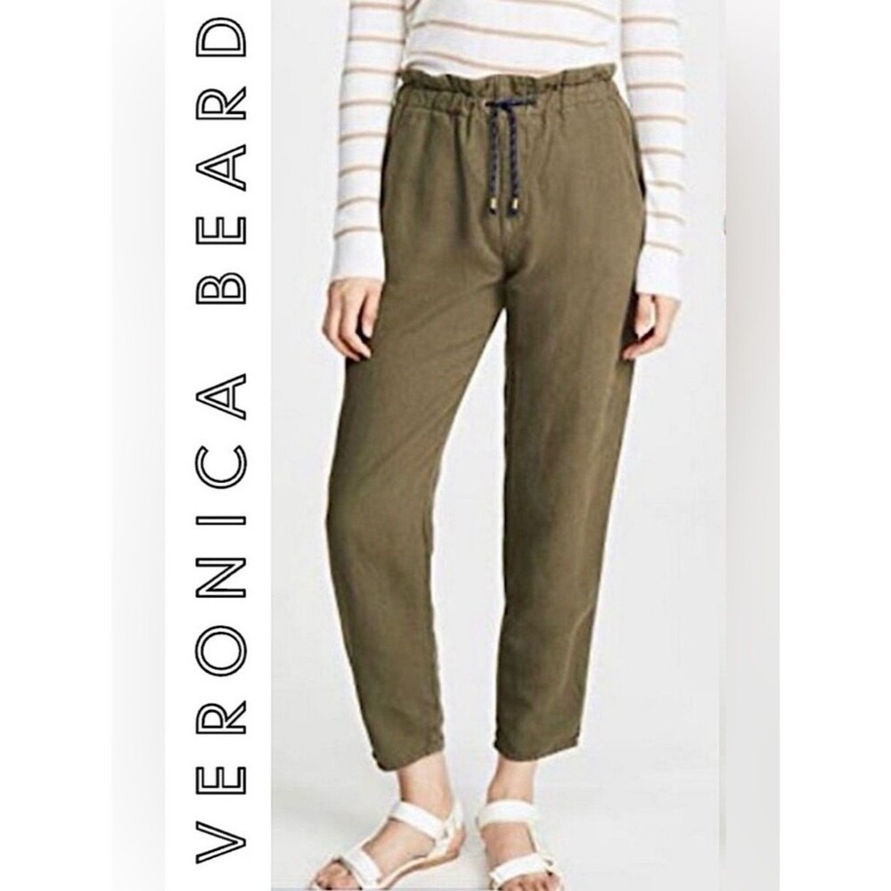 VERONICA BEARD Jay Draw Cord Carrot Pant Army Green Linen Drawcord High Rise S